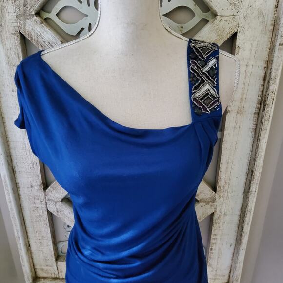a.n.a. Women's Short Sleeve Asymmetric Strap Embellished Shoulder Top in Blue - Picture 5 of 6